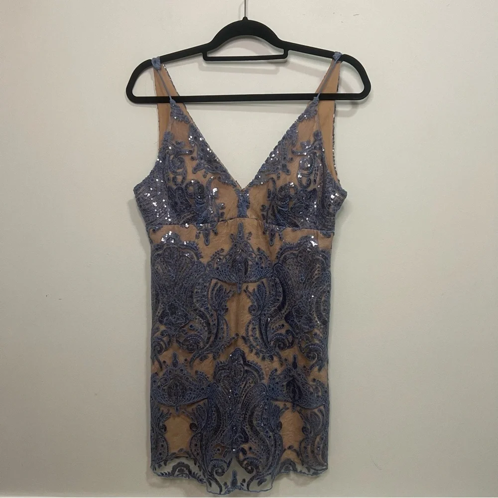 Free People Night Shimmer Blue and Nude Sequin Lace Mini Dress Boho Wedding